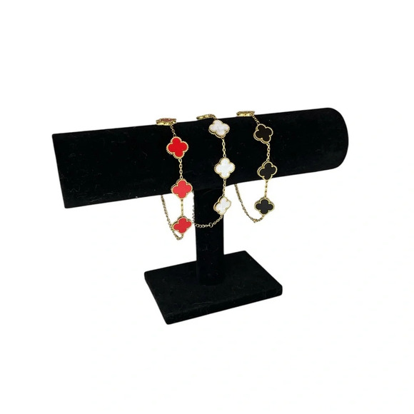 Lucky Four Leaf Clover Bracelet Red Enamel Gold Stainless Steel Adjustable - Picture 7 of 12